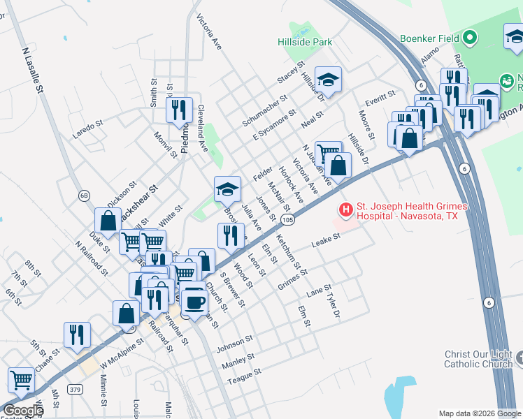 map of restaurants, bars, coffee shops, grocery stores, and more near 207 Jones Street in Navasota