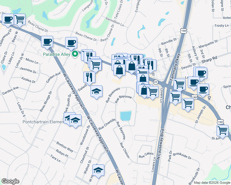 map of restaurants, bars, coffee shops, grocery stores, and more near 1343 Rue Beauvais in Mandeville