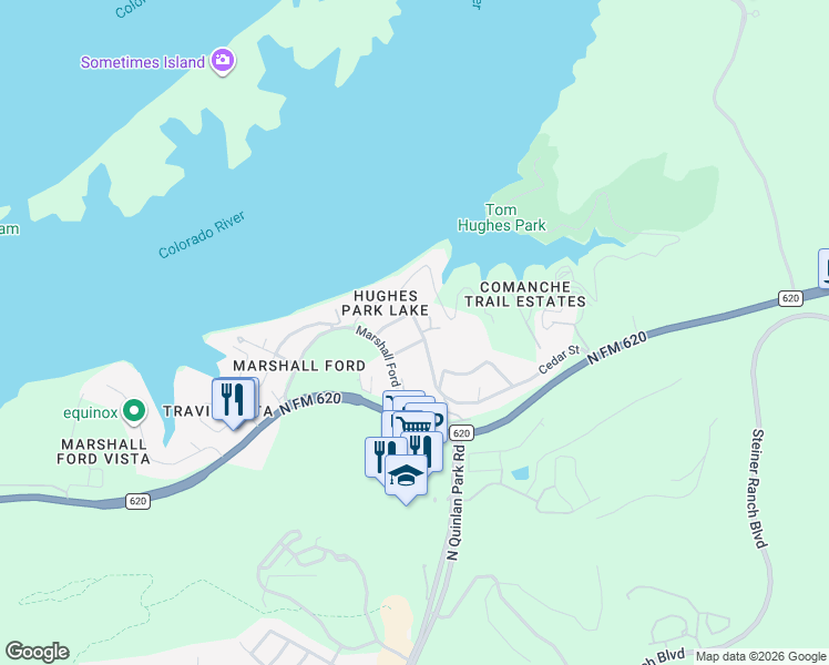 map of restaurants, bars, coffee shops, grocery stores, and more near 12713 Cedar Street in Austin