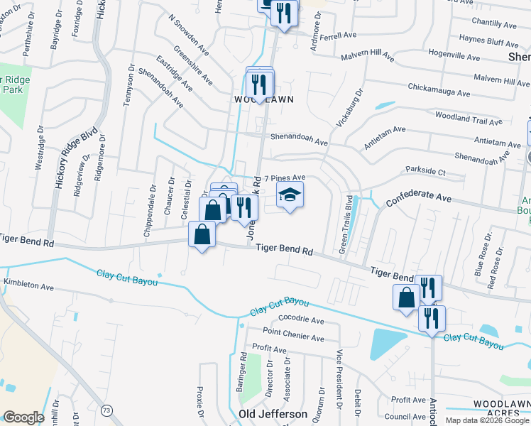 map of restaurants, bars, coffee shops, grocery stores, and more near 15018 Vintage Jade Court in Baton Rouge