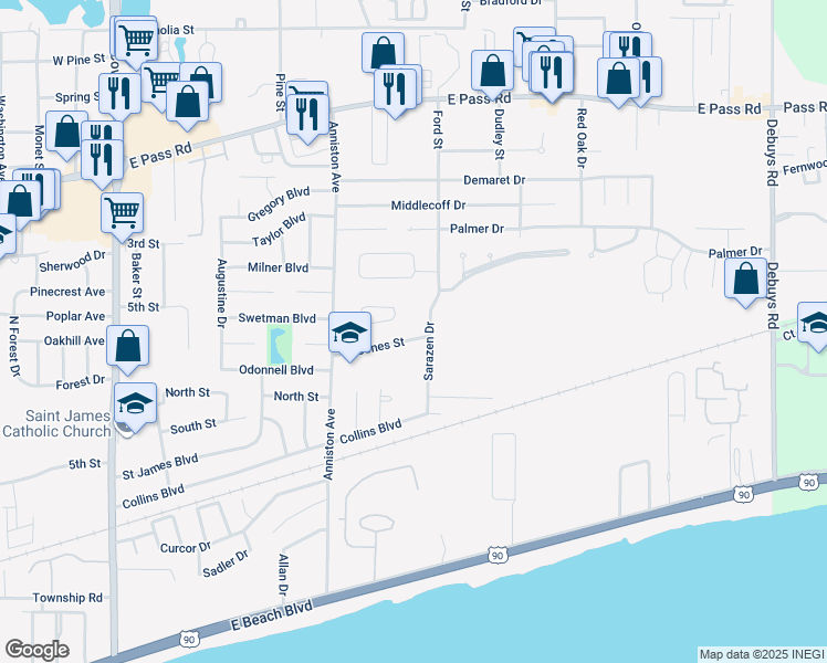 map of restaurants, bars, coffee shops, grocery stores, and more near 2325 Jones Street in Gulfport