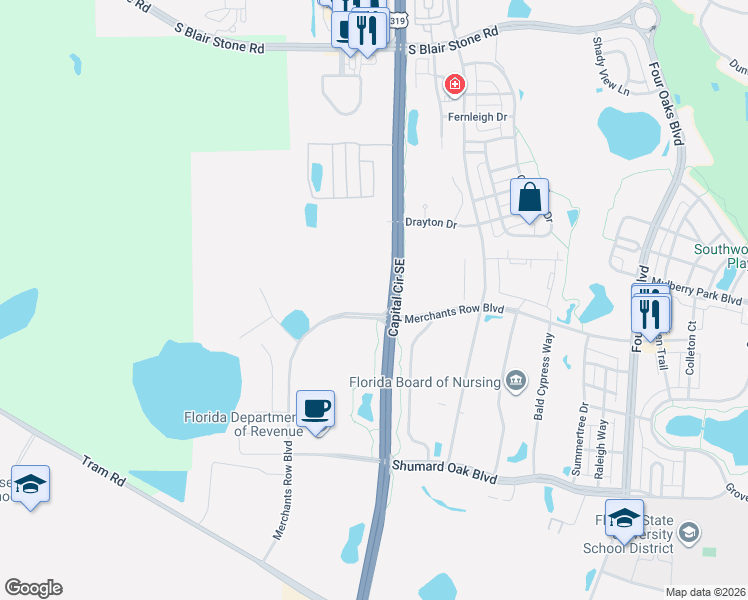 map of restaurants, bars, coffee shops, grocery stores, and more near 1950 Merchants Row Boulevard in Tallahassee