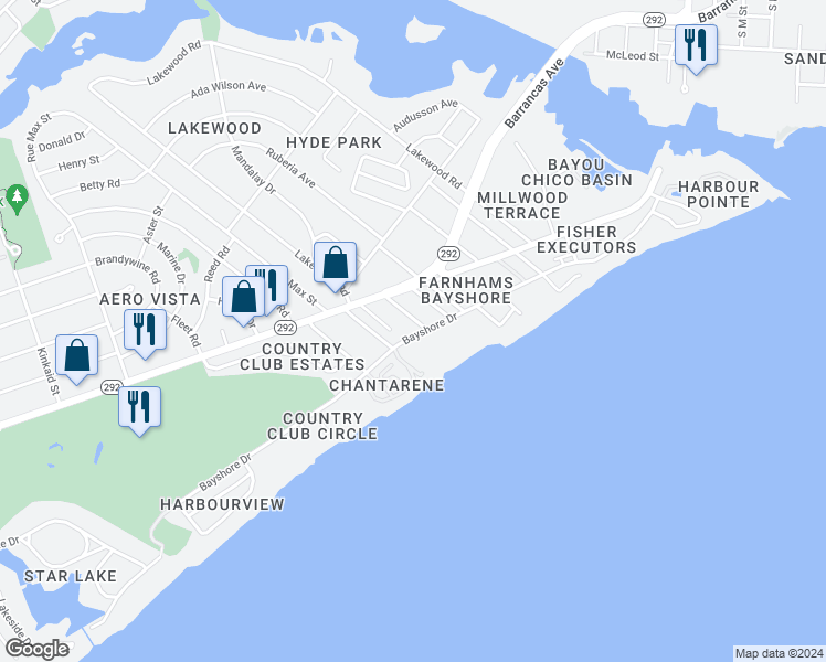 map of restaurants, bars, coffee shops, grocery stores, and more near 624 Bayshore Drive in Pensacola