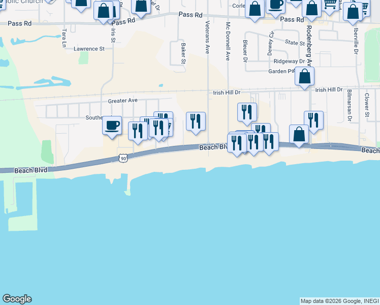 map of restaurants, bars, coffee shops, grocery stores, and more near 1851 Beach Boulevard in Biloxi
