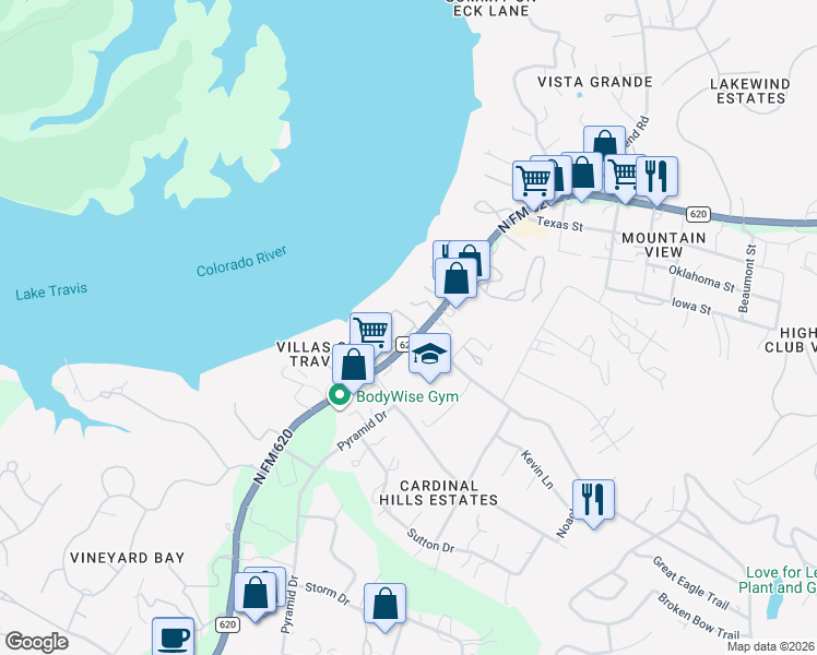 map of restaurants, bars, coffee shops, grocery stores, and more near 2918 Ranch Road 620 North in Austin