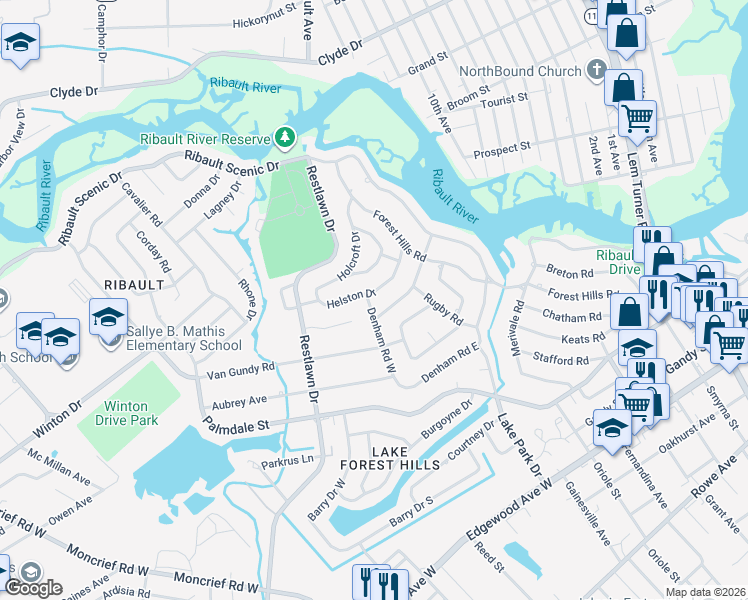 map of restaurants, bars, coffee shops, grocery stores, and more near 8008 Helston Drive in Jacksonville