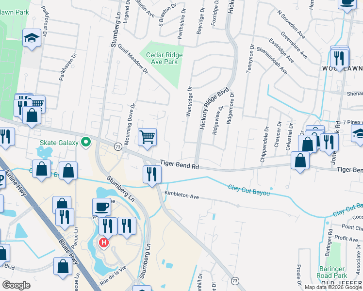 map of restaurants, bars, coffee shops, grocery stores, and more near 13514 High Ridge Avenue in Baton Rouge