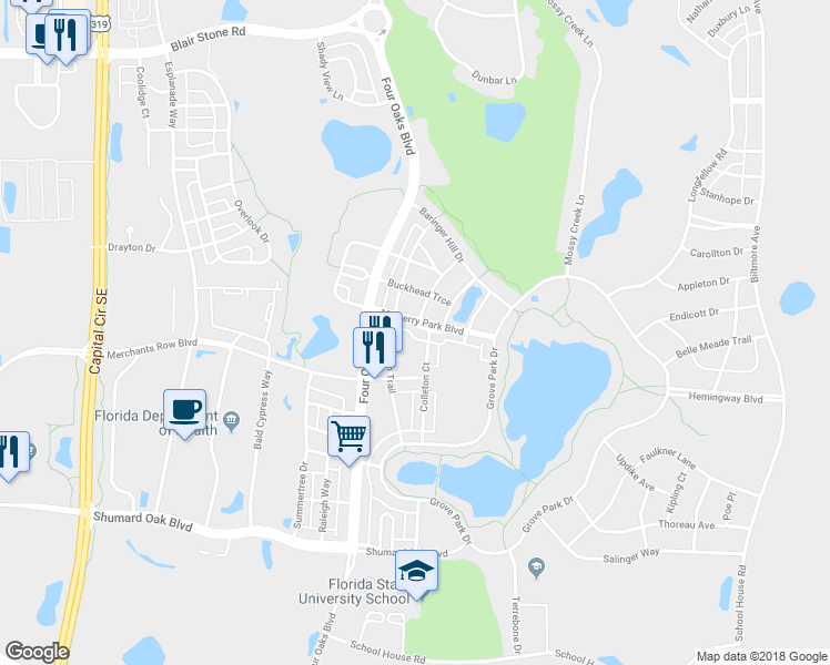 map of restaurants, bars, coffee shops, grocery stores, and more near 3137 Mulberry Park Boulevard in Tallahassee