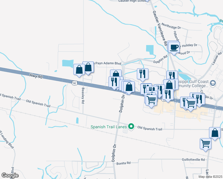 map of restaurants, bars, coffee shops, grocery stores, and more near 3111 U.S. 90 in Gautier