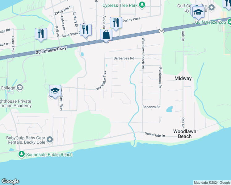 map of restaurants, bars, coffee shops, grocery stores, and more near 5378 Longhorn Trail in Gulf Breeze