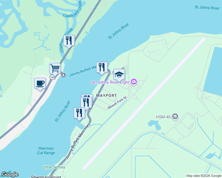 map of restaurants, bars, coffee shops, grocery stores, and more near 1414 Ferris Street in Jacksonville