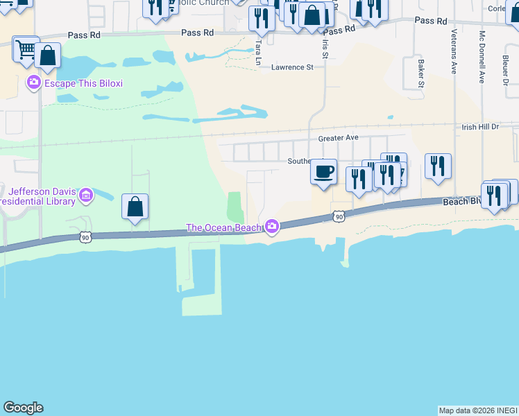map of restaurants, bars, coffee shops, grocery stores, and more near 2060 Beach Boulevard in Biloxi