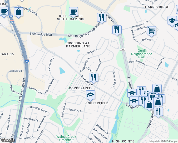map of restaurants, bars, coffee shops, grocery stores, and more near 907 Markham Lane in Austin