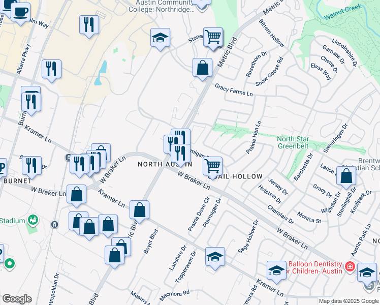 map of restaurants, bars, coffee shops, grocery stores, and more near 11438 Ptarmigan Drive in Austin