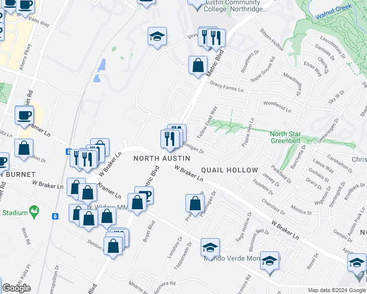 map of restaurants, bars, coffee shops, grocery stores, and more near 1910 West Braker Lane in Austin