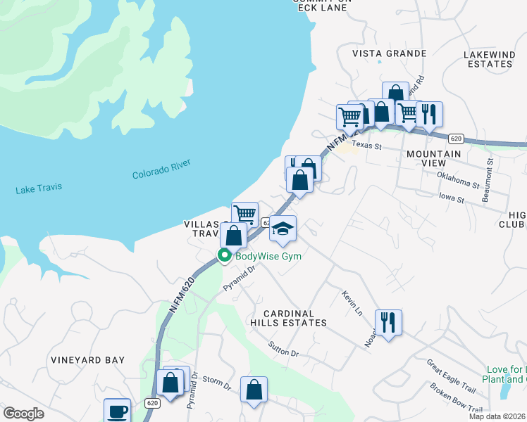 map of restaurants, bars, coffee shops, grocery stores, and more near 2918 Ranch Road 620 North in Austin