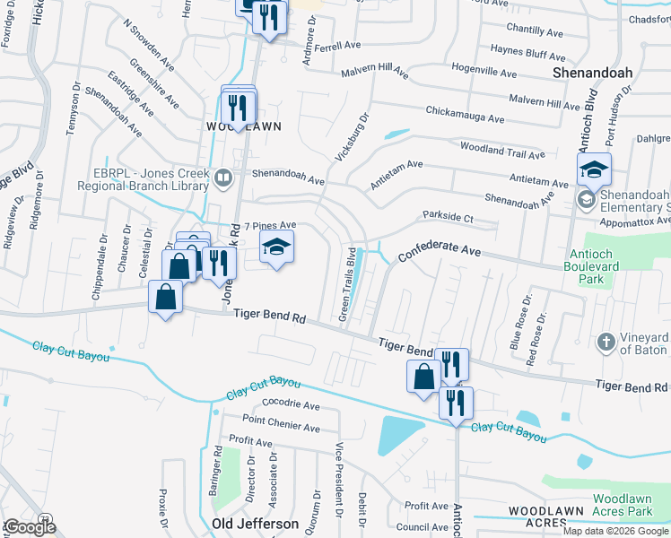 map of restaurants, bars, coffee shops, grocery stores, and more near 15421 7 Pines Avenue in Baton Rouge