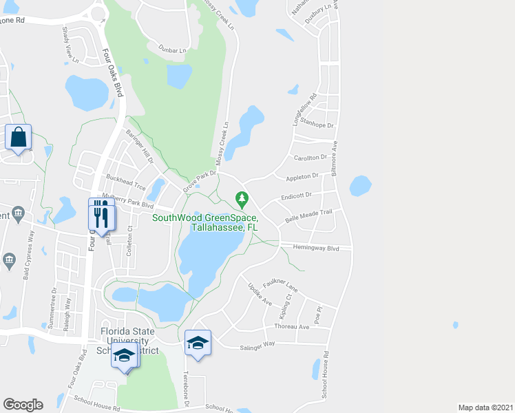 map of restaurants, bars, coffee shops, grocery stores, and more near 4282 Grove Park Drive in Tallahassee
