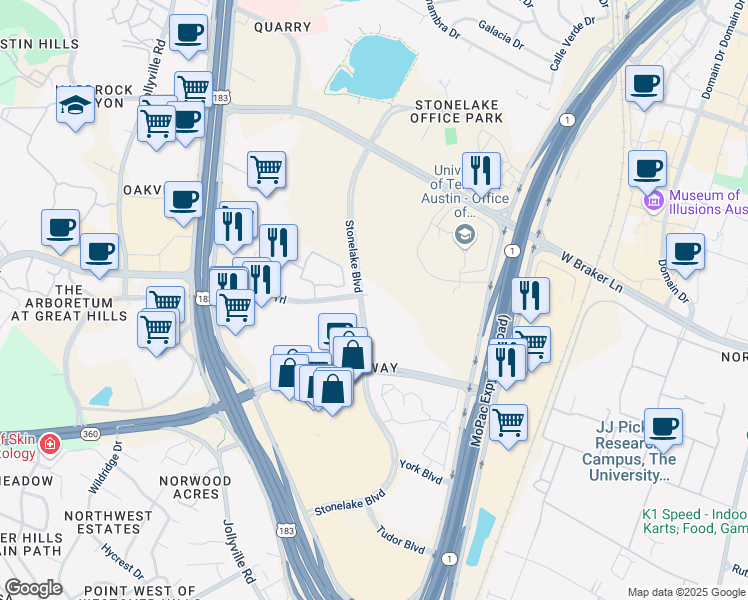 map of restaurants, bars, coffee shops, grocery stores, and more near 10201 Stonelake Boulevard in Austin