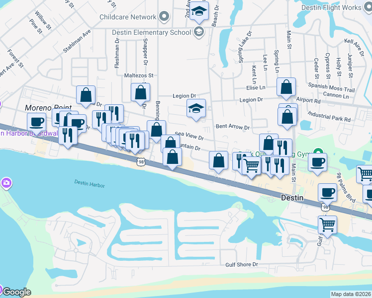 map of restaurants, bars, coffee shops, grocery stores, and more near 602 Sea View Circle in Destin
