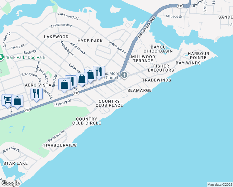map of restaurants, bars, coffee shops, grocery stores, and more near Bayshore Drive in Pensacola