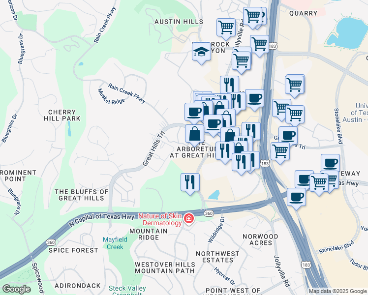 map of restaurants, bars, coffee shops, grocery stores, and more near 9617 Great Hills Trail in Austin
