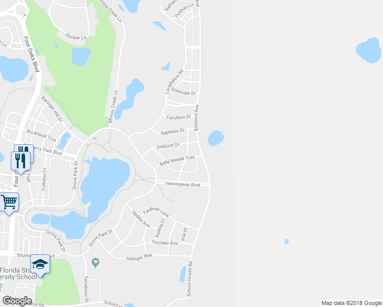 map of restaurants, bars, coffee shops, grocery stores, and more near 3258 Belle Meade Trail in Tallahassee