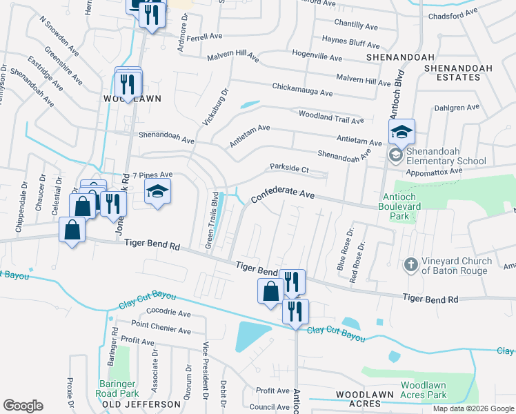 map of restaurants, bars, coffee shops, grocery stores, and more near 15844 New Market Drive in Baton Rouge