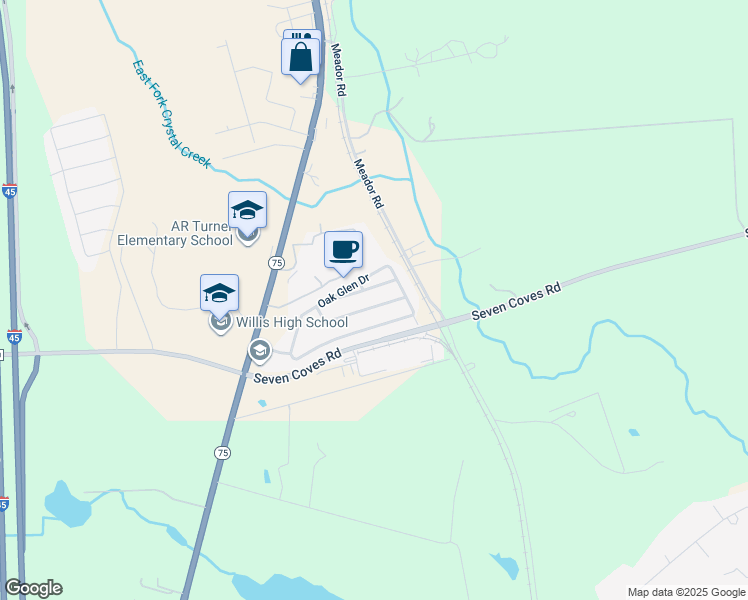 map of restaurants, bars, coffee shops, grocery stores, and more near 954 Oak Lynn Drive in Willis