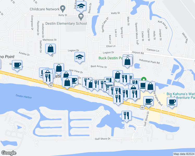 map of restaurants, bars, coffee shops, grocery stores, and more near 196 Lola Circle in Destin