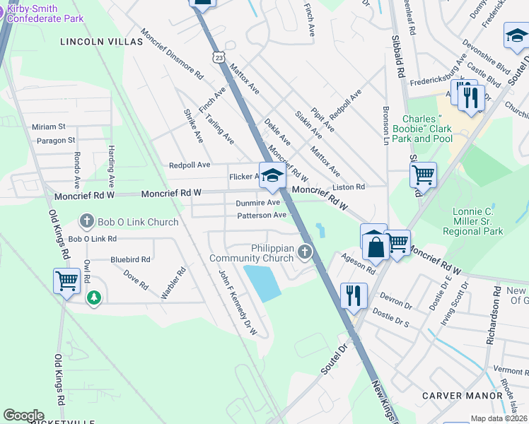 map of restaurants, bars, coffee shops, grocery stores, and more near 5830 Patterson Avenue in Jacksonville