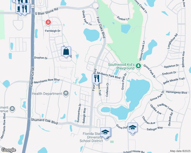 map of restaurants, bars, coffee shops, grocery stores, and more near 3989 Four Oaks Boulevard in Tallahassee