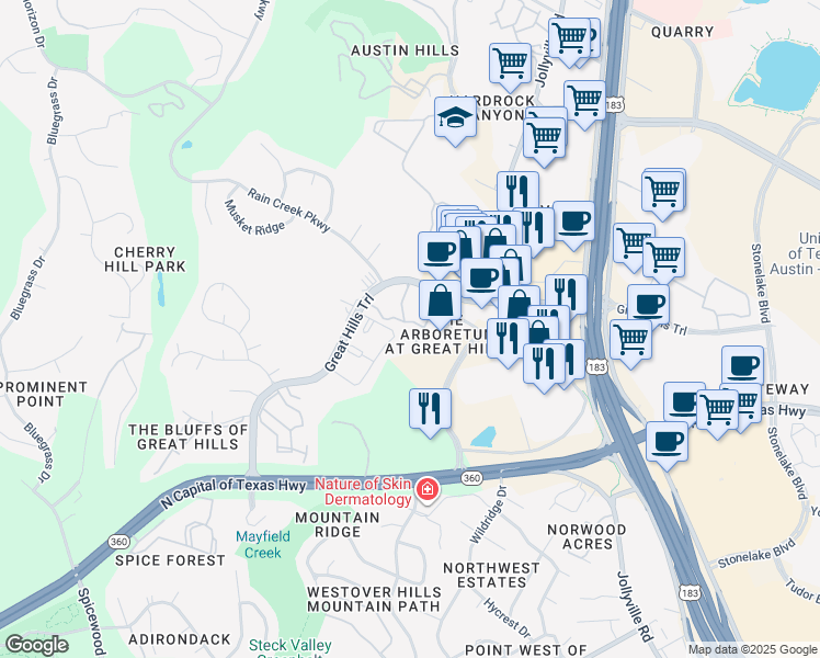 map of restaurants, bars, coffee shops, grocery stores, and more near 9617 Great Hills Trail in Austin