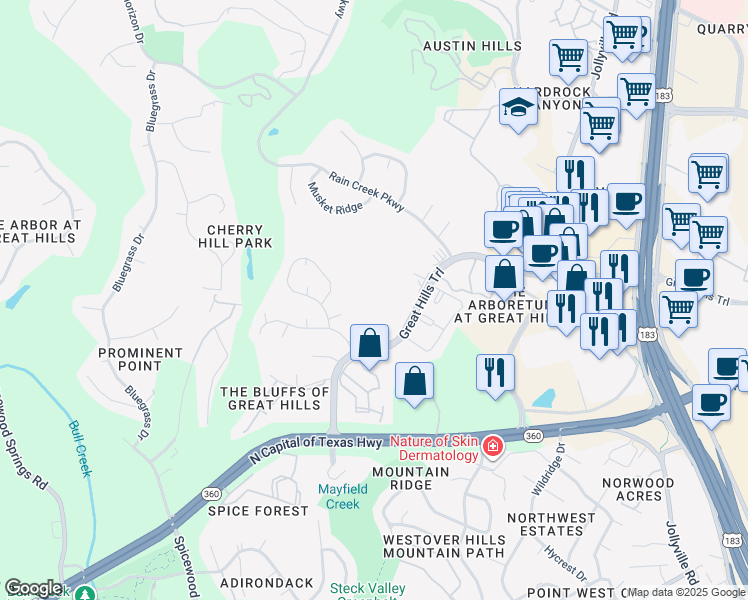map of restaurants, bars, coffee shops, grocery stores, and more near 9306 Great Hills Trail in Austin