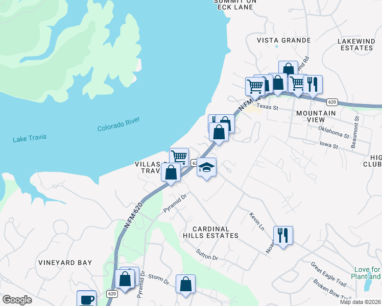 map of restaurants, bars, coffee shops, grocery stores, and more near 2918 Ranch Road 620 North in Austin