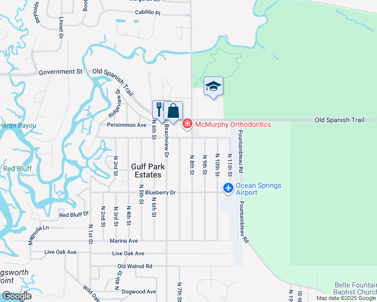 map of restaurants, bars, coffee shops, grocery stores, and more near 3525 North 8th Street in Ocean Springs