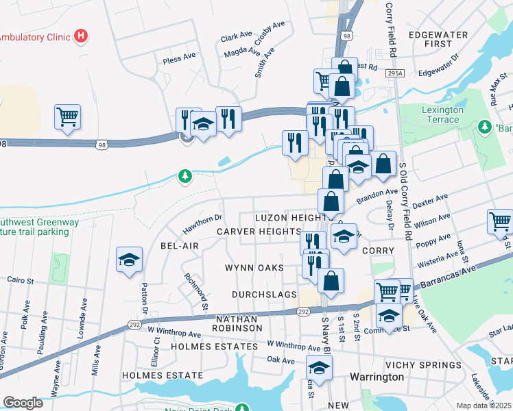 map of restaurants, bars, coffee shops, grocery stores, and more near 34 Lincoln Road in Pensacola