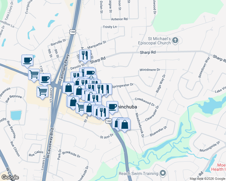 map of restaurants, bars, coffee shops, grocery stores, and more near 1183 Springwater Drive in Mandeville