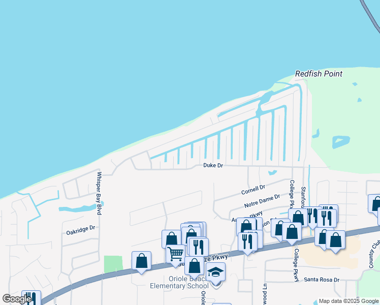 map of restaurants, bars, coffee shops, grocery stores, and more near 1606 Guam Lane in Gulf Breeze