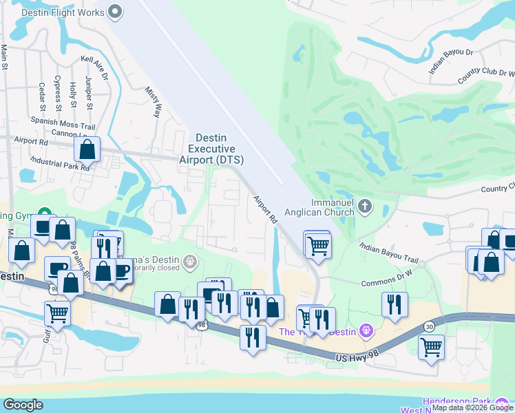 map of restaurants, bars, coffee shops, grocery stores, and more near 1116 Airport Road in Destin