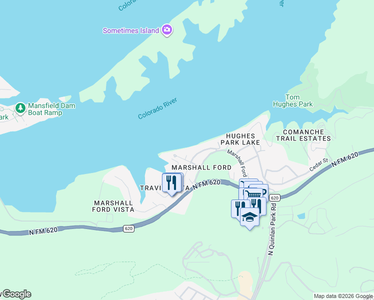 map of restaurants, bars, coffee shops, grocery stores, and more near 13010 Water Lane in Austin