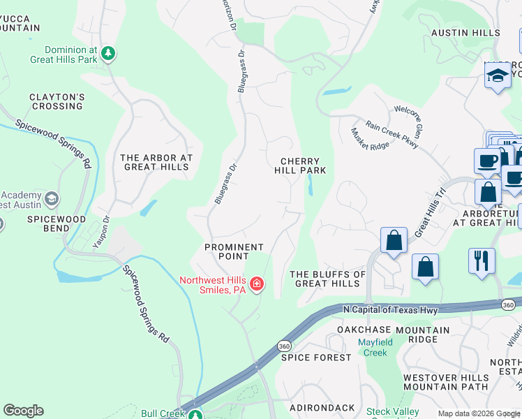 map of restaurants, bars, coffee shops, grocery stores, and more near 5606 Spurflower Drive in Austin