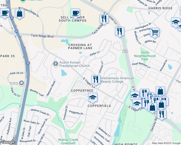 map of restaurants, bars, coffee shops, grocery stores, and more near 907 Markham Lane in Austin