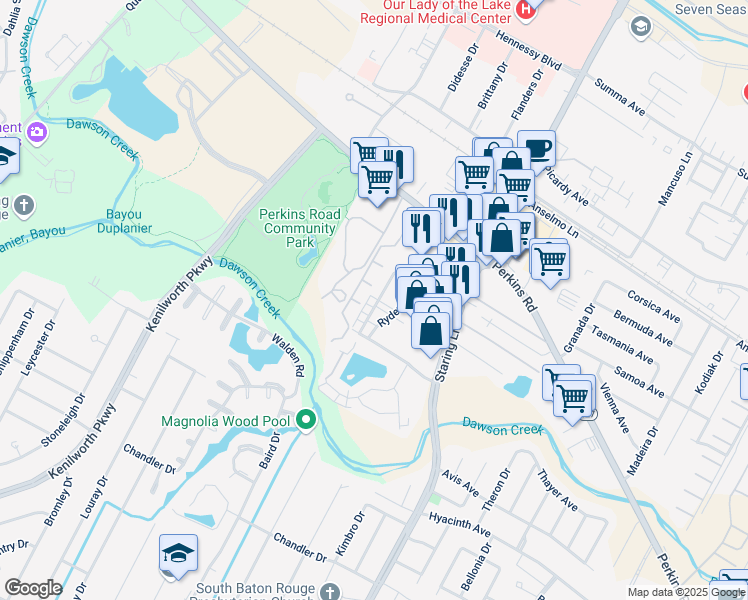 map of restaurants, bars, coffee shops, grocery stores, and more near 1829 Southpointe Drive in Baton Rouge