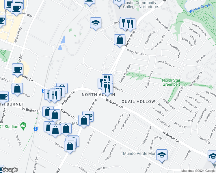 map of restaurants, bars, coffee shops, grocery stores, and more near 1910 West Braker Lane in Austin