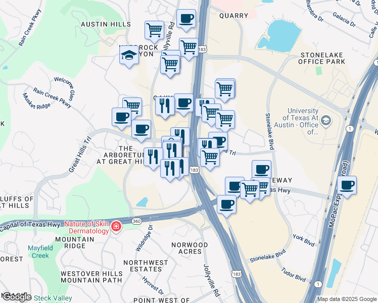 map of restaurants, bars, coffee shops, grocery stores, and more near 10000 Research Boulevard in Austin