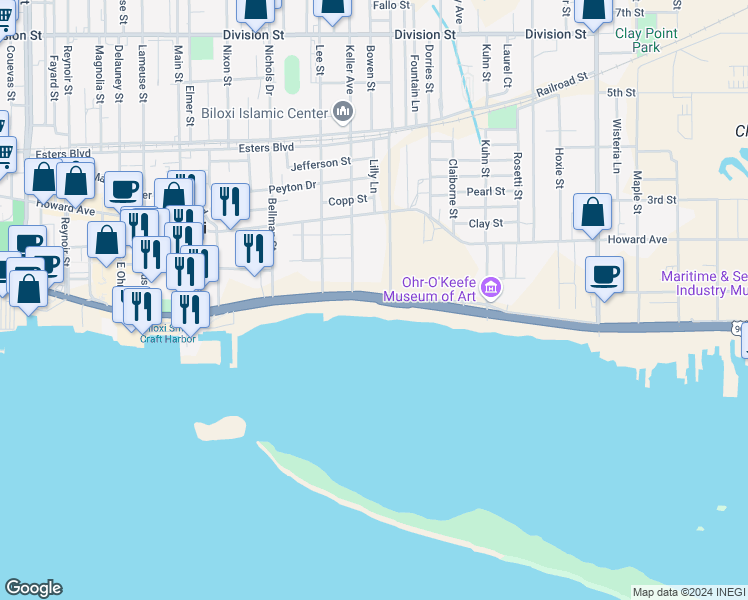 map of restaurants, bars, coffee shops, grocery stores, and more near 513 Beach Boulevard in Biloxi