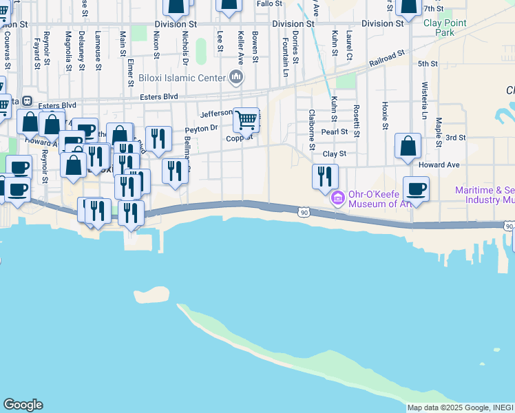 map of restaurants, bars, coffee shops, grocery stores, and more near 513 Beach Boulevard in Biloxi
