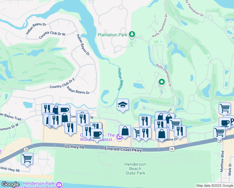 map of restaurants, bars, coffee shops, grocery stores, and more near 4323 Commons Drive West in Destin