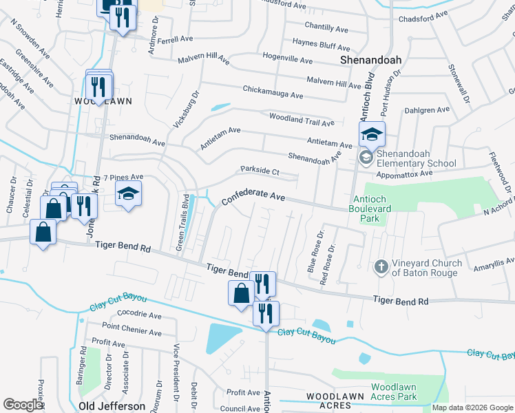 map of restaurants, bars, coffee shops, grocery stores, and more near 15899 New Market Drive in Baton Rouge